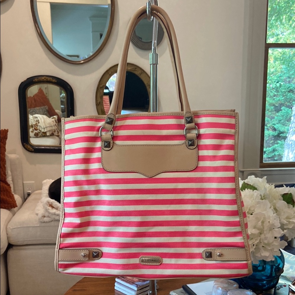 Rebecca Minkoff Pink and Tan Tote Bag with Striped Design